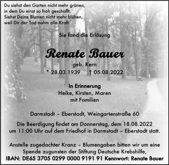Traueranzeige von Renate Bauer von vrm-trauer Darmstädter Echo