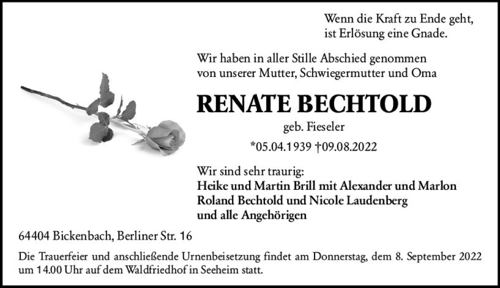  Traueranzeige für Renate Bechtold vom 20.08.2022 aus vrm-trauer Darmstädter Echo