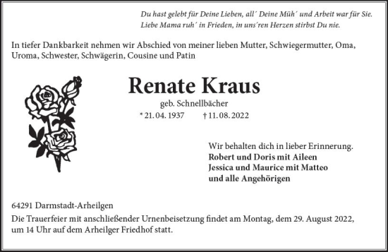 Traueranzeige von Renate Kraus von vrm-trauer Darmstädter Echo