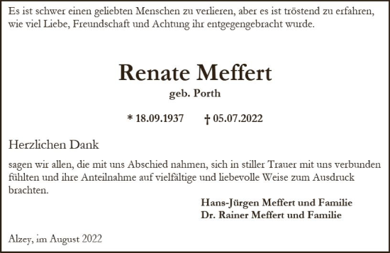 Traueranzeige von Renate Meffert von vrm-trauer Allgemeine Zeitung Alzey