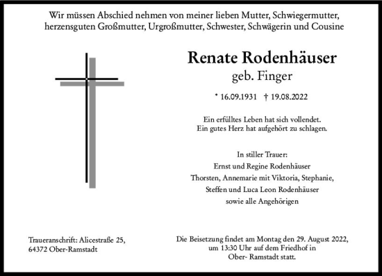 Traueranzeige von Renate Rodenhäuser von vrm-trauer Darmstädter Echo