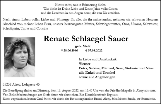Traueranzeige von Renate Schlaegel Sauer von vrm-trauer Allgemeine Zeitung Alzey