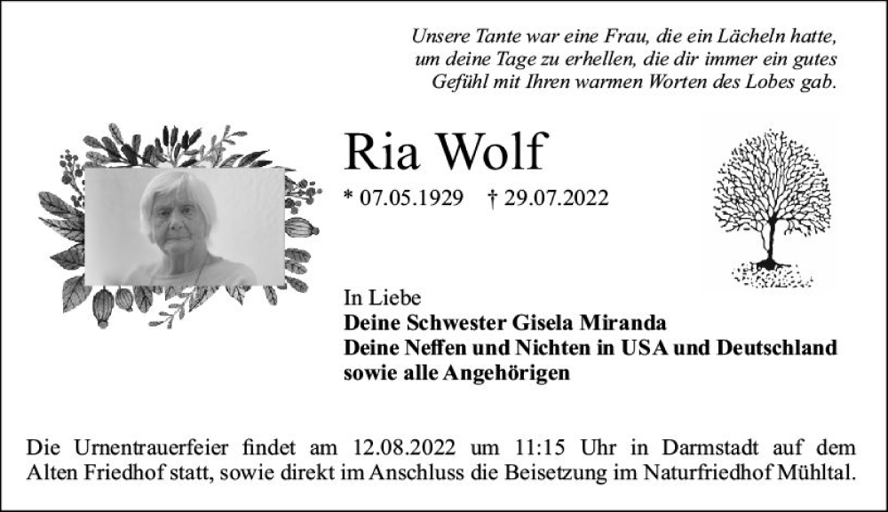  Traueranzeige für Ria Wolf vom 06.08.2022 aus vrm-trauer Darmstädter Echo