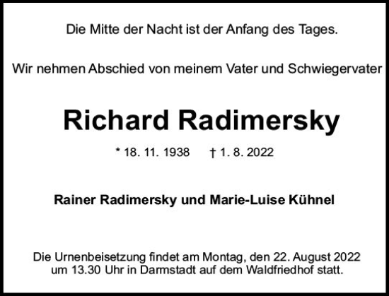 Traueranzeige von Richard Radimersky von vrm-trauer Darmstädter Echo