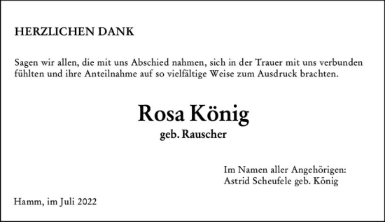 Traueranzeige von Rosa König von vrm-trauer Wormser Zeitung