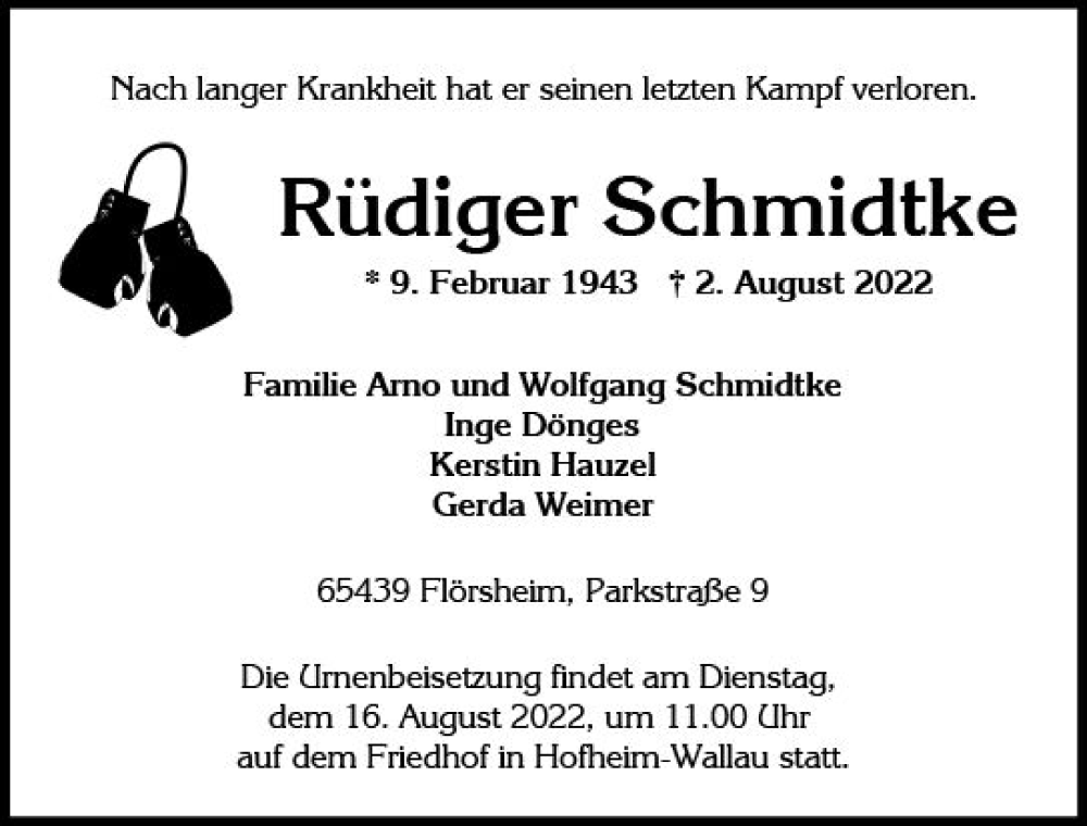  Traueranzeige für Rüdiger Schmidtke vom 13.08.2022 aus vrm-trauer Wiesbadener Kurier