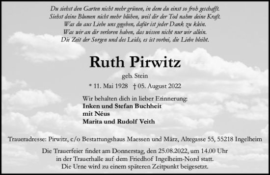 Traueranzeige von Ruth Pirwitz von vrm-trauer Allgemeine  Zeitung Ingelheim-Bingen
