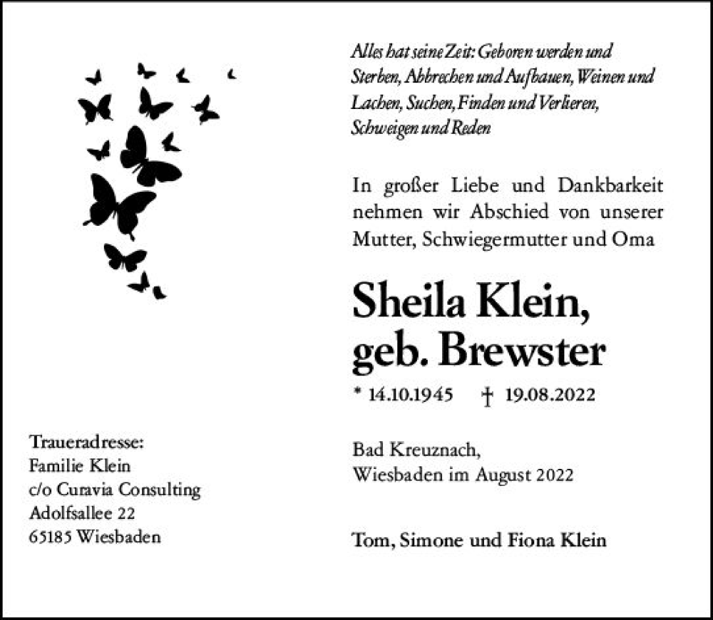  Traueranzeige für Sheila Klein vom 29.08.2022 aus vrm-trauer Allg. Zeitung Bad Kreuznach