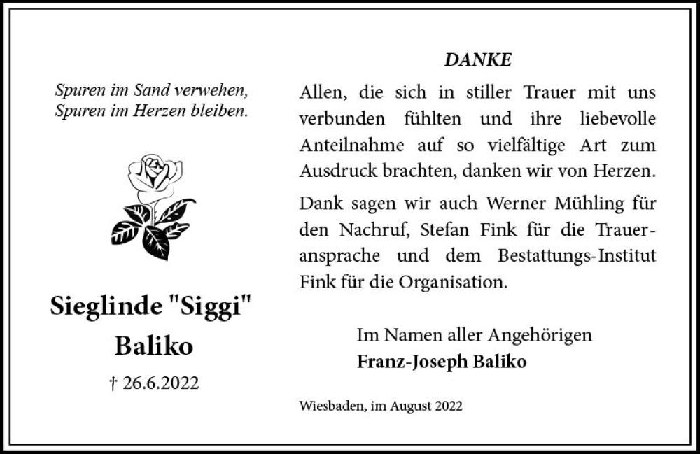  Traueranzeige für Sieglinde Baliko vom 20.08.2022 aus vrm-trauer Wiesbadener Kurier
