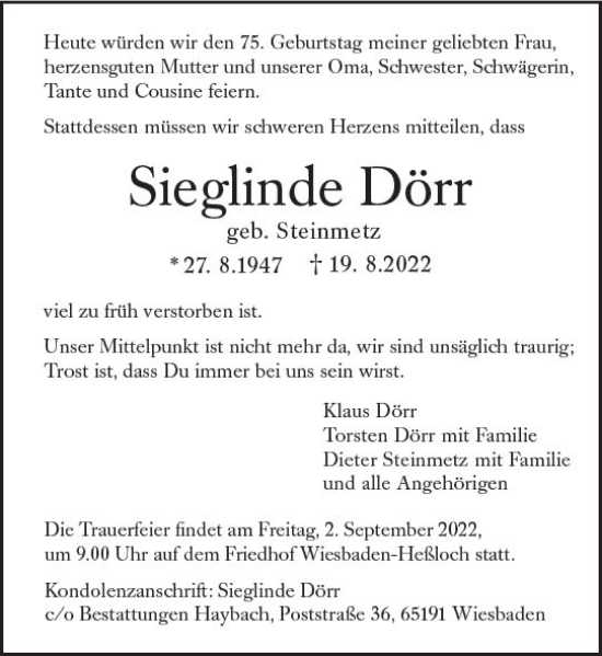 Traueranzeige von Sieglinde Dörr von vrm-trauer Wiesbadener Kurier