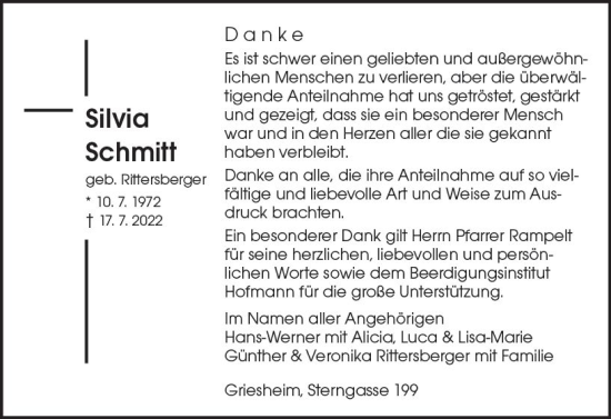 Traueranzeige von Silvia Schmitt von vrm-trauer Bürstädter/Lamperth. Ztg/Starkenburger