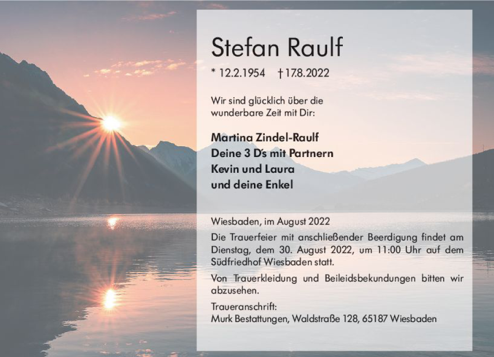 Traueranzeige für Stefan Raulf vom 27.08.2022 aus vrm-trauer Wiesbadener Kurier