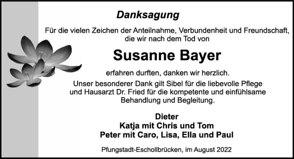 Traueranzeige für Susanne Bayer vom 06.08.2022 aus vrm-trauer Darmstädter Echo