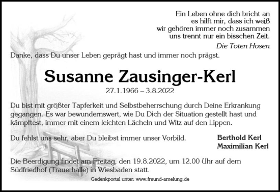 Traueranzeige von Susanne Zausinger-Kerl von vrm-trauer Wiesbadener Kurier