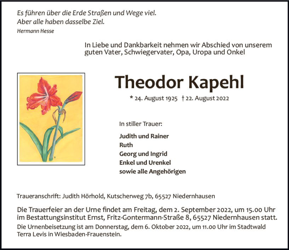  Traueranzeige für Theodor Kapehl vom 27.08.2022 aus vrm-trauer Wiesbadener Kurier
