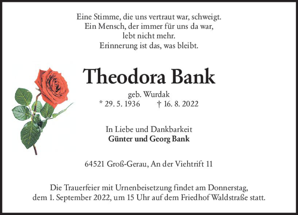  Traueranzeige für Theodora Bank vom 27.08.2022 aus vrm-trauer Groß-Gerauer Echo