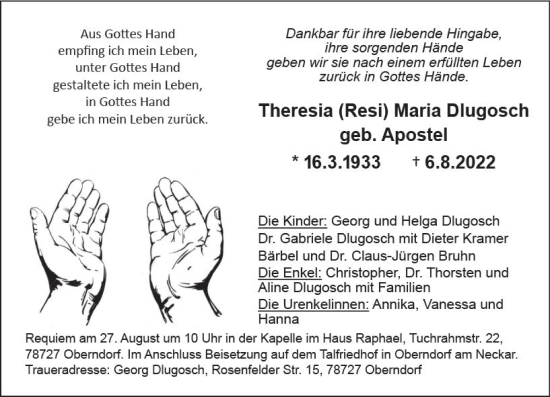 Traueranzeige von Theresia Maria Dlugosch von vrm-trauer Wormser Zeitung