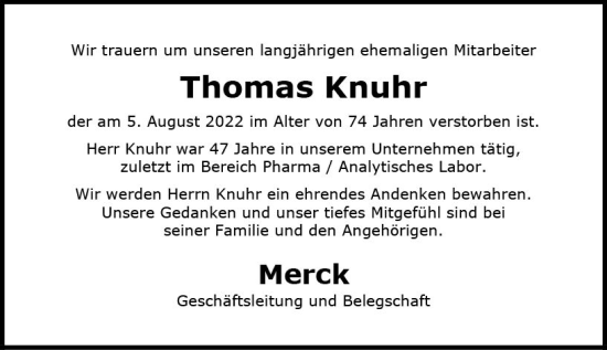 Traueranzeige von Thomas Knuhr von vrm-trauer Darmstädter Echo
