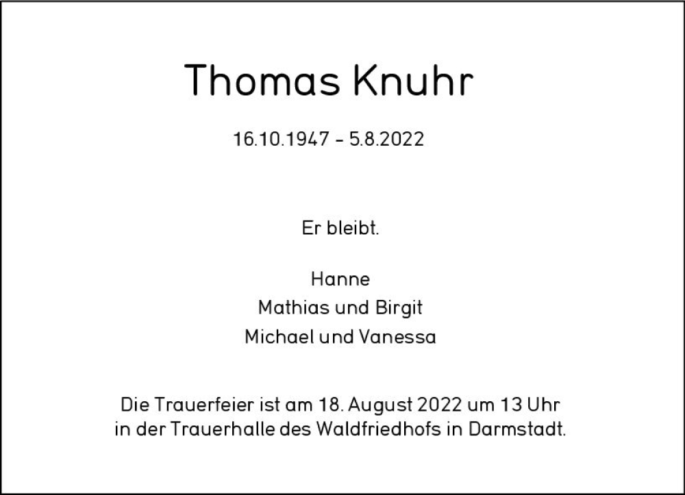  Traueranzeige für Thomas Knuhr vom 13.08.2022 aus vrm-trauer Darmstädter Echo