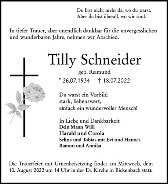 Traueranzeige von Tilly Schneider von vrm-trauer Darmstädter Echo