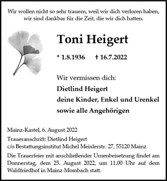 Traueranzeige von Toni Heigert von vrm-trauer AZ Mainz