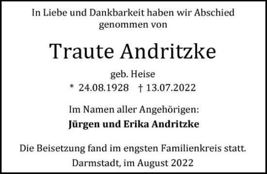 Traueranzeige von Traute Andritzke von vrm-trauer Darmstädter Echo