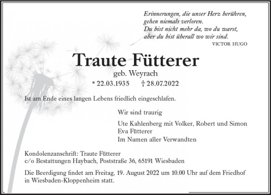 Traueranzeige von Traute Fütterer von vrm-trauer Wiesbadener Kurier