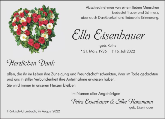 Traueranzeige von Ella Eisenhauer von vrm-trauer Odenwälder Echo