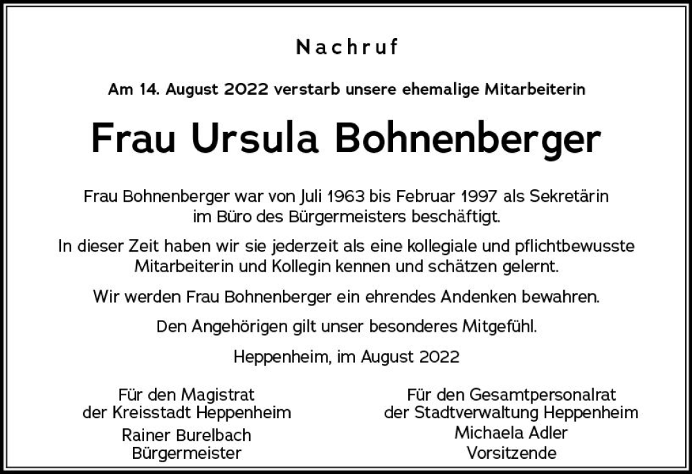  Traueranzeige für Ursula Bohnenberger vom 27.08.2022 aus vrm-trauer Bürstädter/Lamperth. Ztg/Starkenburger