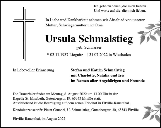 Traueranzeige von Ursula Schmalstieg von vrm-trauer Rheingau