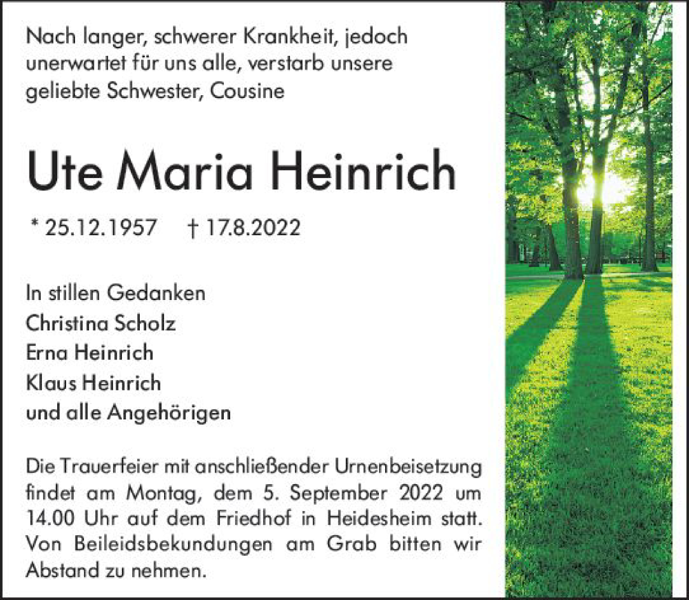 Traueranzeige für Ute Maria Heinrich vom 27.08.2022 aus vrm-trauer Allgemeine  Zeitung Ingelheim-Bingen