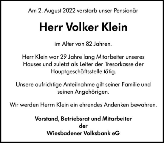 Traueranzeige von Volker Klein von vrm-trauer Wiesbadener Kurier