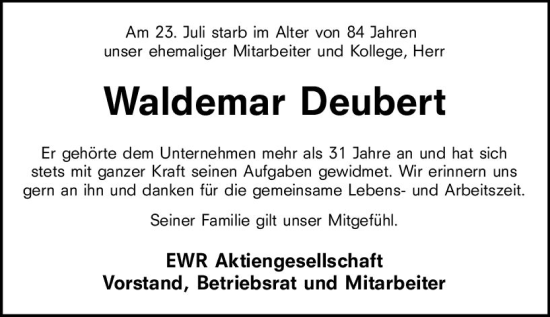Traueranzeige von Waldemar Deubert von vrm-trauer Wormser Zeitung