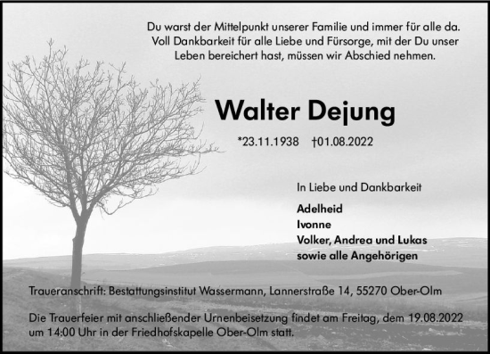 Traueranzeige von Walter Dejung von vrm-trauer AZ Mainz