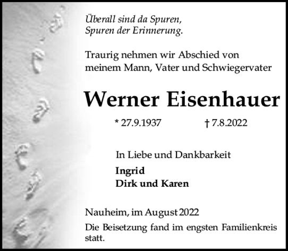  Traueranzeige für Werner Eisenhauer vom 27.08.2022 aus vrm-trauer Rüsselsheimer Echo / MainSpitze