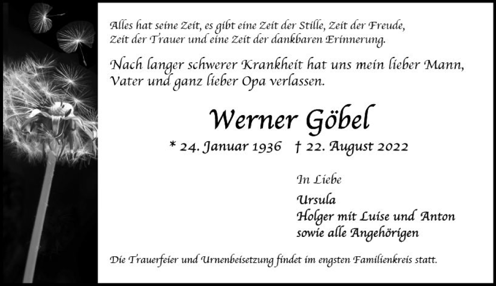  Traueranzeige für Werner Göbel vom 27.08.2022 aus vrm-trauer Wiesbadener Kurier