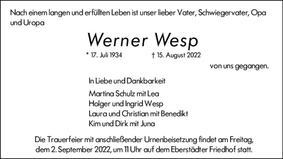 Traueranzeige von Werner Wesp von vrm-trauer Darmstädter Echo