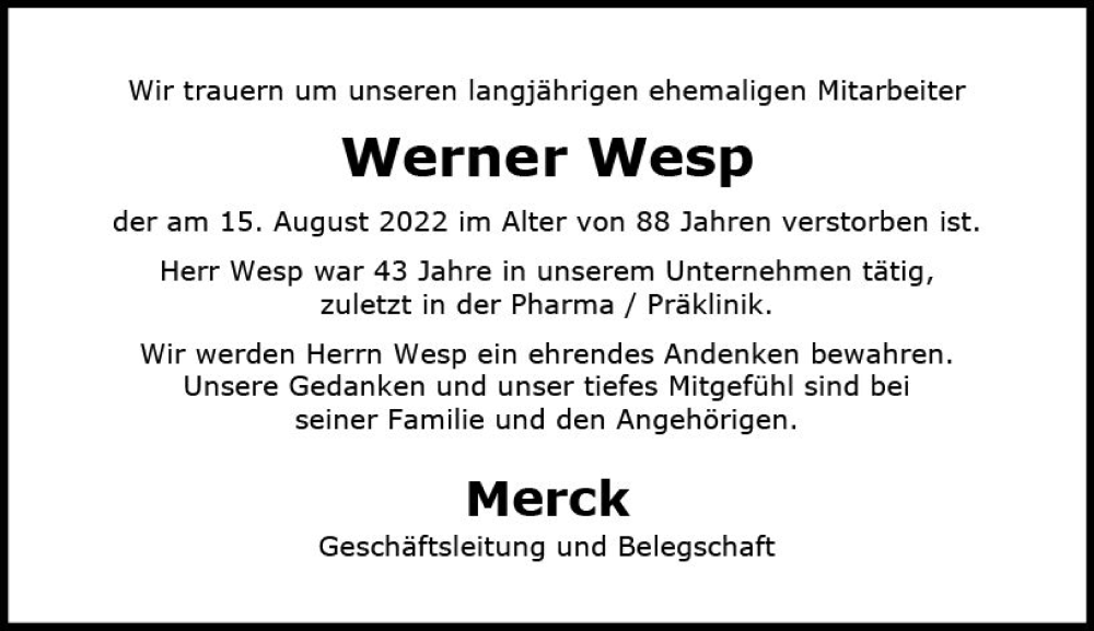  Traueranzeige für Werner Wesp vom 27.08.2022 aus vrm-trauer Darmstädter Echo