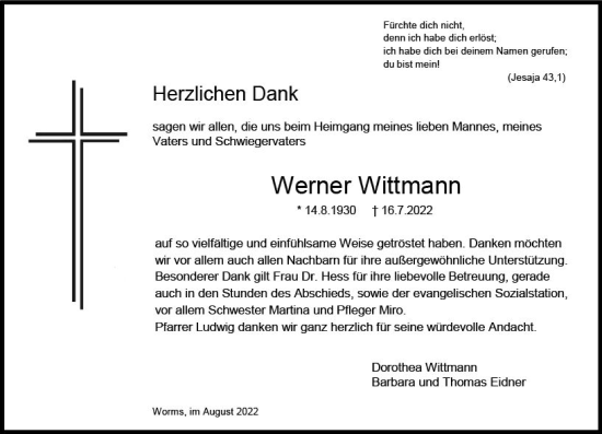 Traueranzeige von Werner Wittmann von vrm-trauer Wormser Zeitung