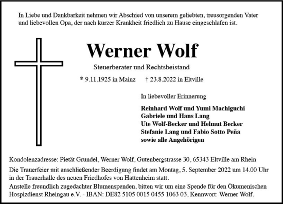 Traueranzeige von Werner Wolf von vrm-trauer Wiesbadener Kurier