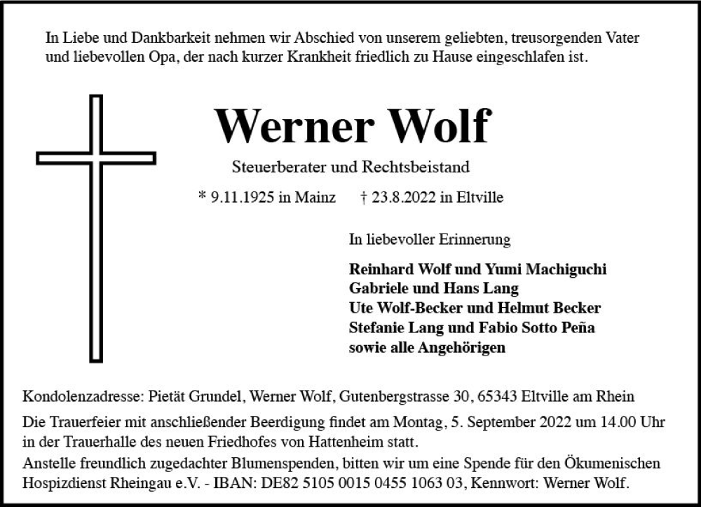  Traueranzeige für Werner Wolf vom 27.08.2022 aus vrm-trauer Wiesbadener Kurier