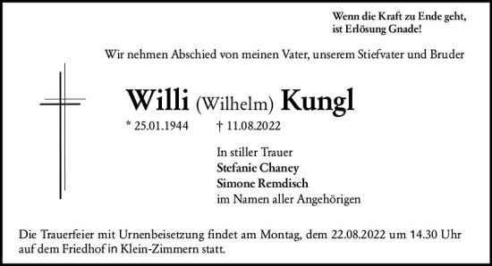 Traueranzeige von Wilhelm Kungl von vrm-trauer DieburgerAnzeiger/Groß-Zimmerner Lokala