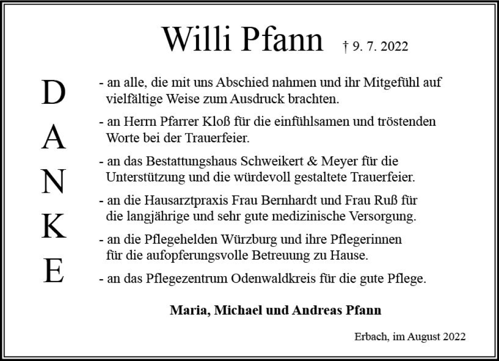  Traueranzeige für Willi Pfann vom 13.08.2022 aus vrm-trauer Odenwälder Echo