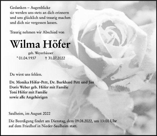 Traueranzeige von Wilma Höfer von vrm-trauer Allgemeine Zeitung Alzey