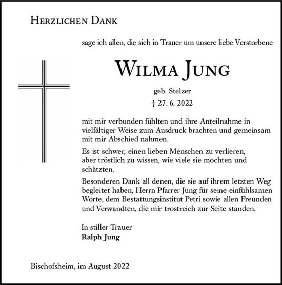 Traueranzeige von Wilma Jung von vrm-trauer Rüsselsheimer Echo / MainSpitze