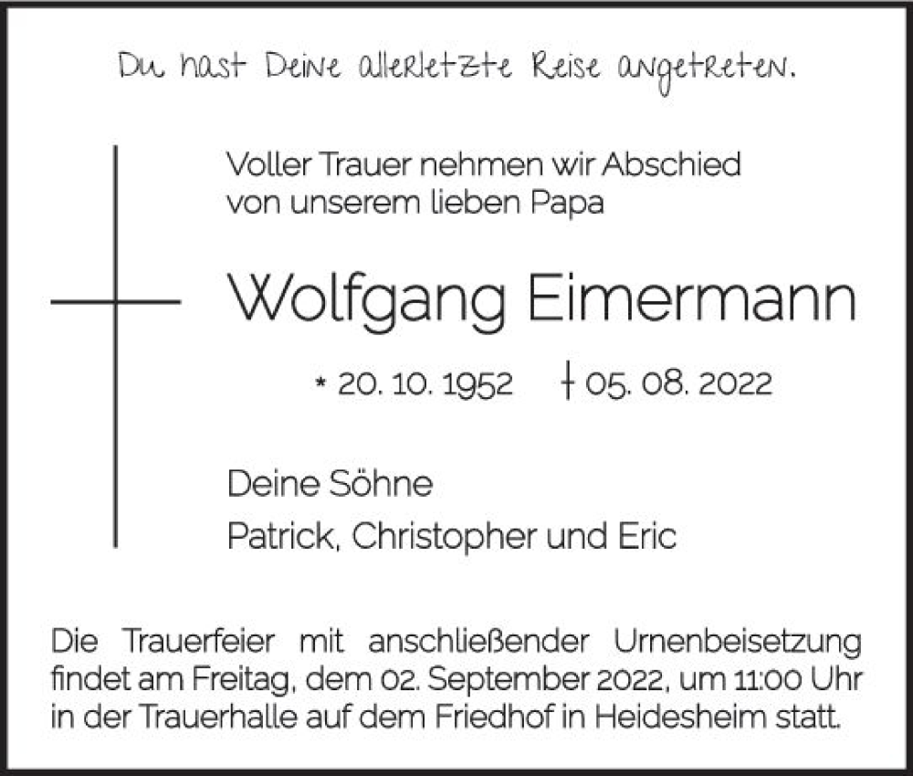  Traueranzeige für Wolfgang Eimermann vom 27.08.2022 aus vrm-trauer Allgemeine  Zeitung Ingelheim-Bingen