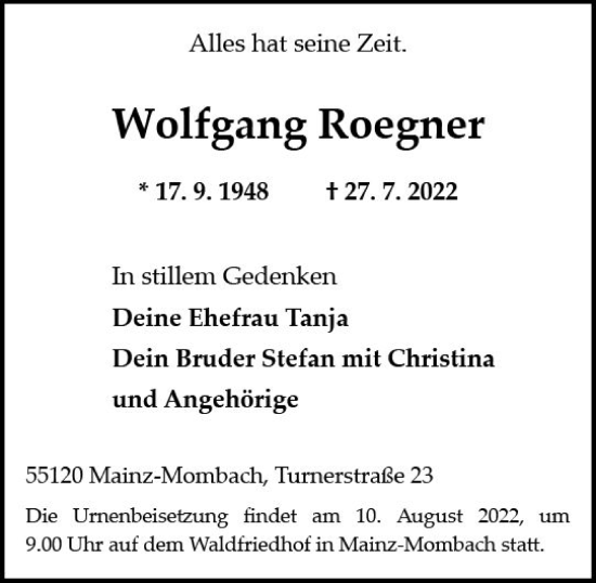 Traueranzeige von Wolfgang Roegner von vrm-trauer AZ Mainz