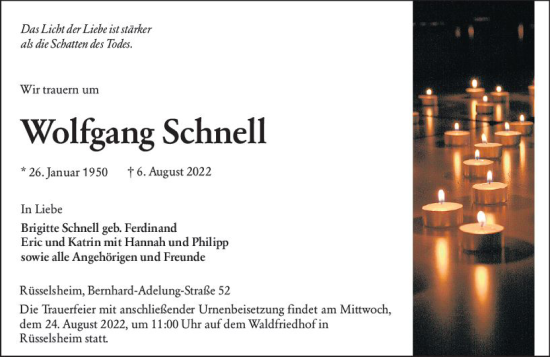 Traueranzeige von Wolfgang Schnell von vrm-trauer Rüsselsheimer Echo / MainSpitze