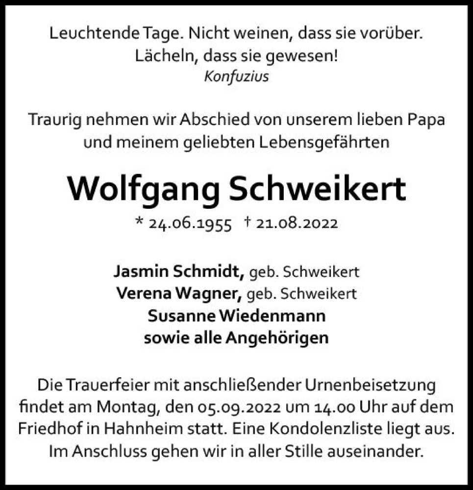  Traueranzeige für Wolfgang Schweikert vom 27.08.2022 aus vrm-trauer AZ Mainz