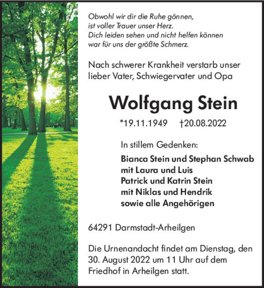  Traueranzeige für Wolfgang Stein vom 27.08.2022 aus vrm-trauer Darmstädter Echo